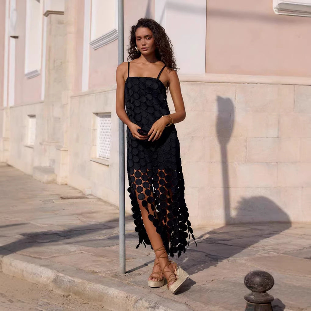 Hollow-out Polka-dot Midi Slip Dress