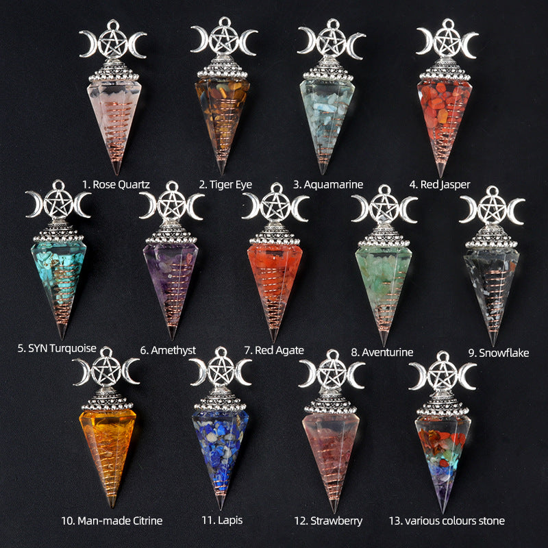 Colorful Crushed Stone Resin Crystal Gemstone Hexagonal Pyramid Spiritual Pendant Ornament