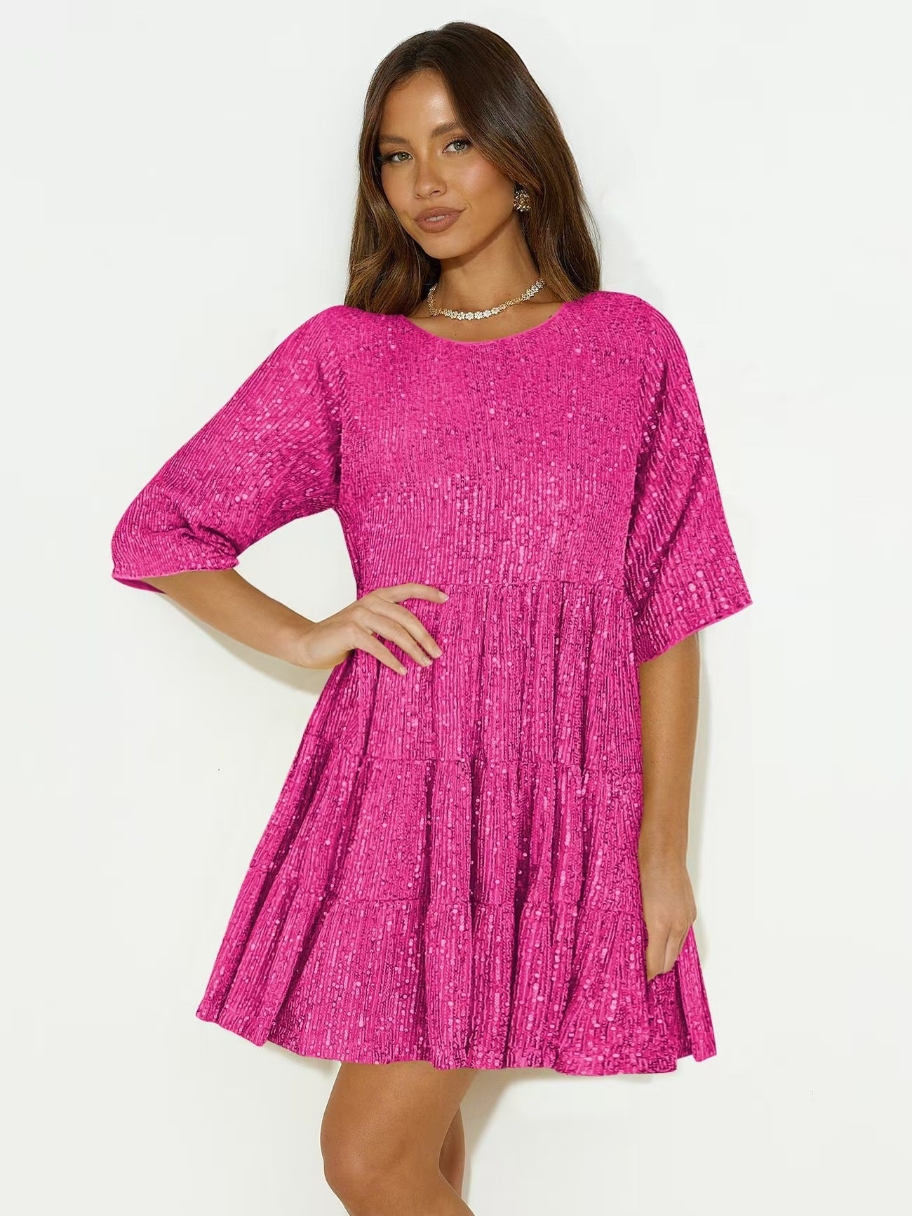 Round-neck Sexy Fashion Sequin A-line Skirt Short Dress
