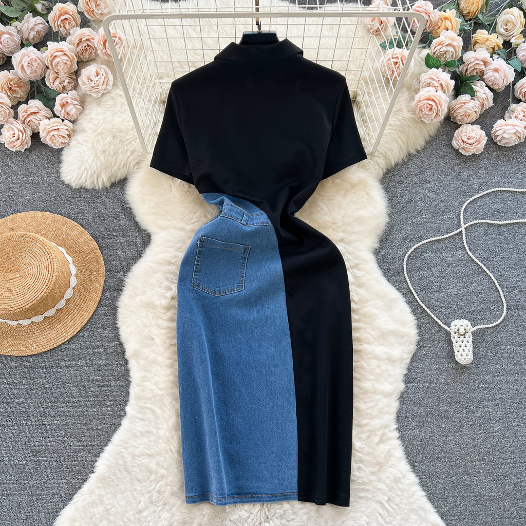 Retro Color-Block Patchwork Slim-Fit Dress For Women