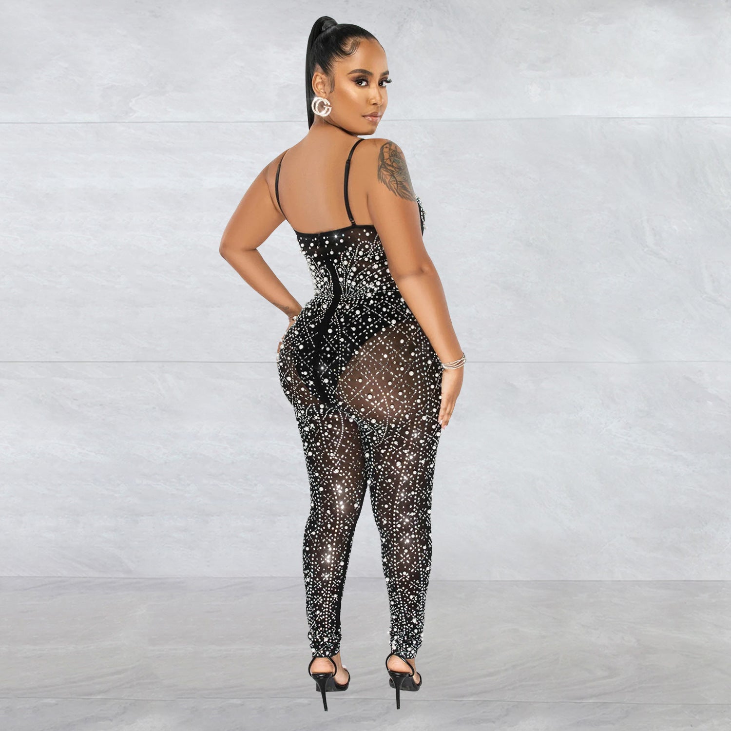 Women's Wear Pure Color Mesh Rhinestone Sleeveless Trousers Jumpsuit