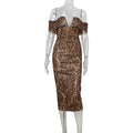 Womens Fashion Leopard-Print Sexy Off-Shoulder V-Neck Evening Gown