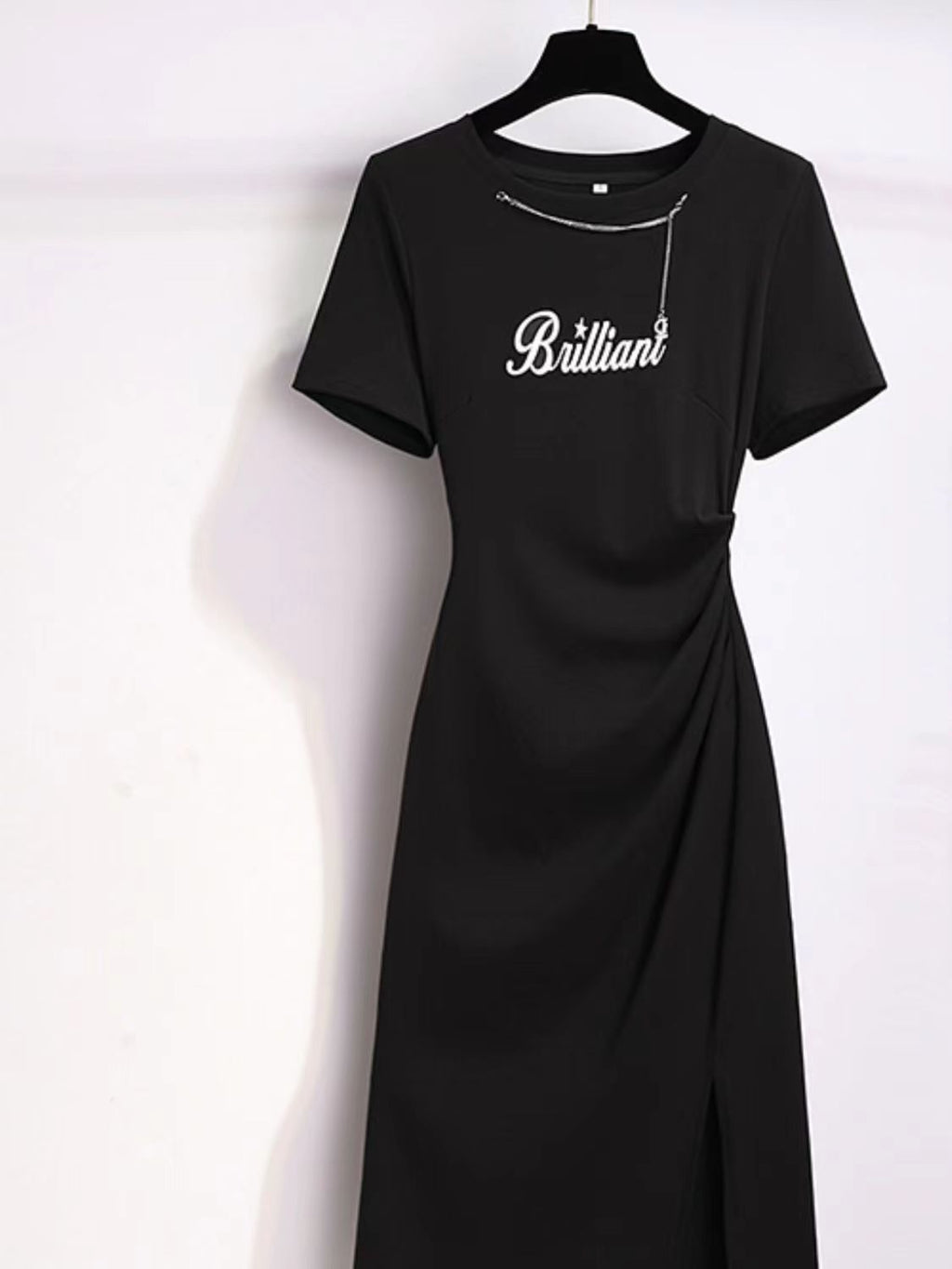 Cut-and-sew Irregularly Slit Casual Black Dress