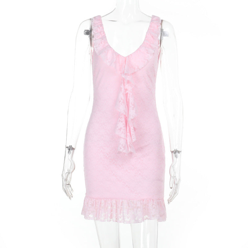 Elegant V-neck Plunging Neckline Ruffled Hemline Open-back Jacquard Lace Slip Dress