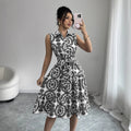 Stylish Printed Sleeveless Lace-Up Waist-Cinching Dress