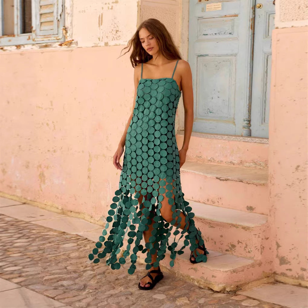 Hollow-out Polka-dot Midi Slip Dress