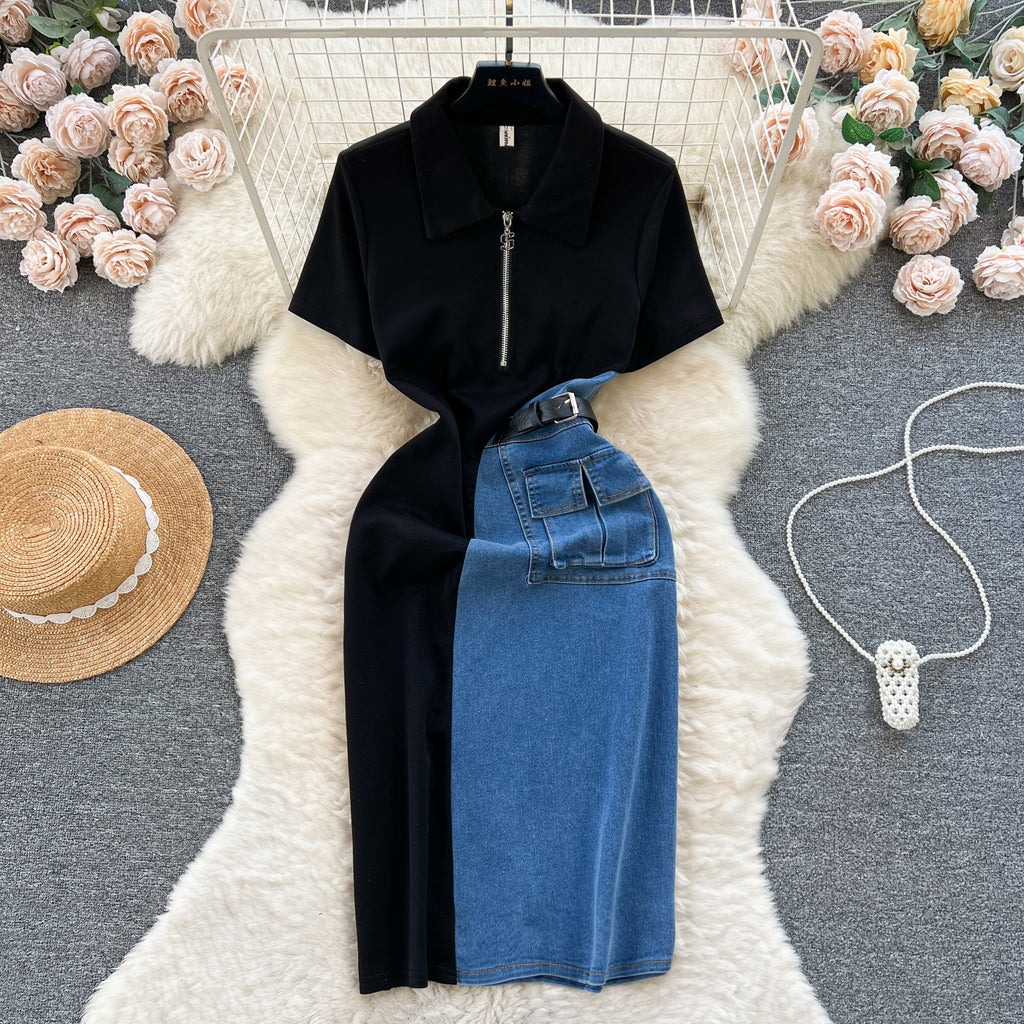 Retro Color-Block Patchwork Slim-Fit Dress For Women
