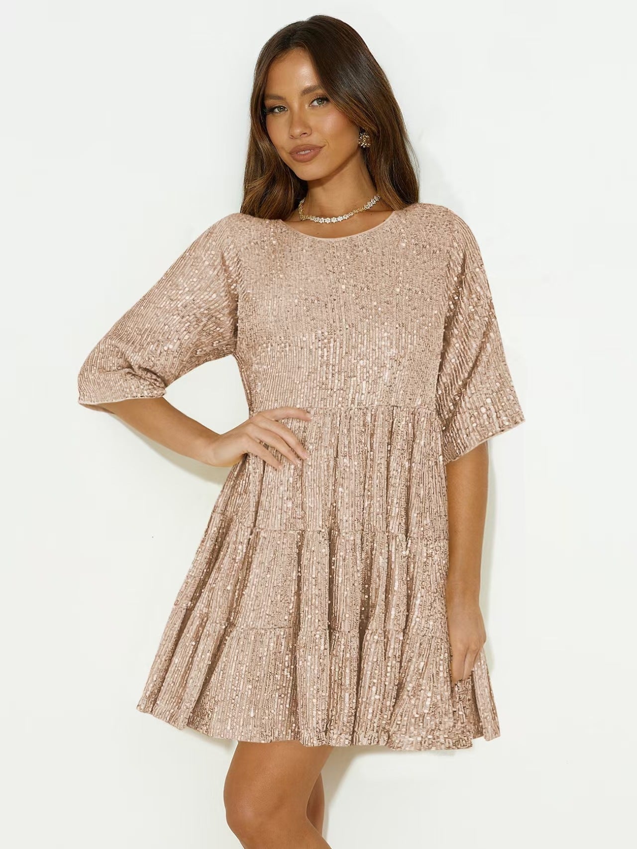 Round-neck Sexy Fashion Sequin A-line Skirt Short Dress