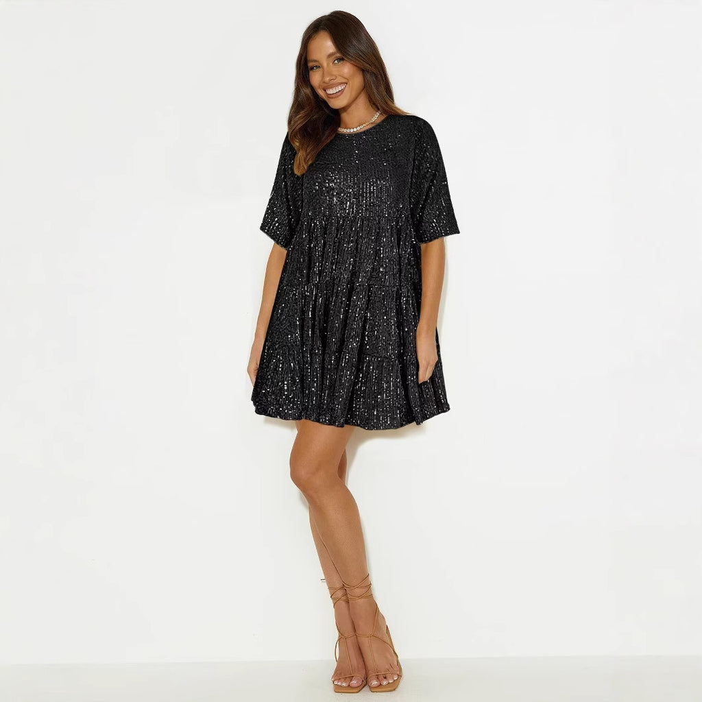 Round-neck Sexy Fashion Sequin A-line Skirt Short Dress