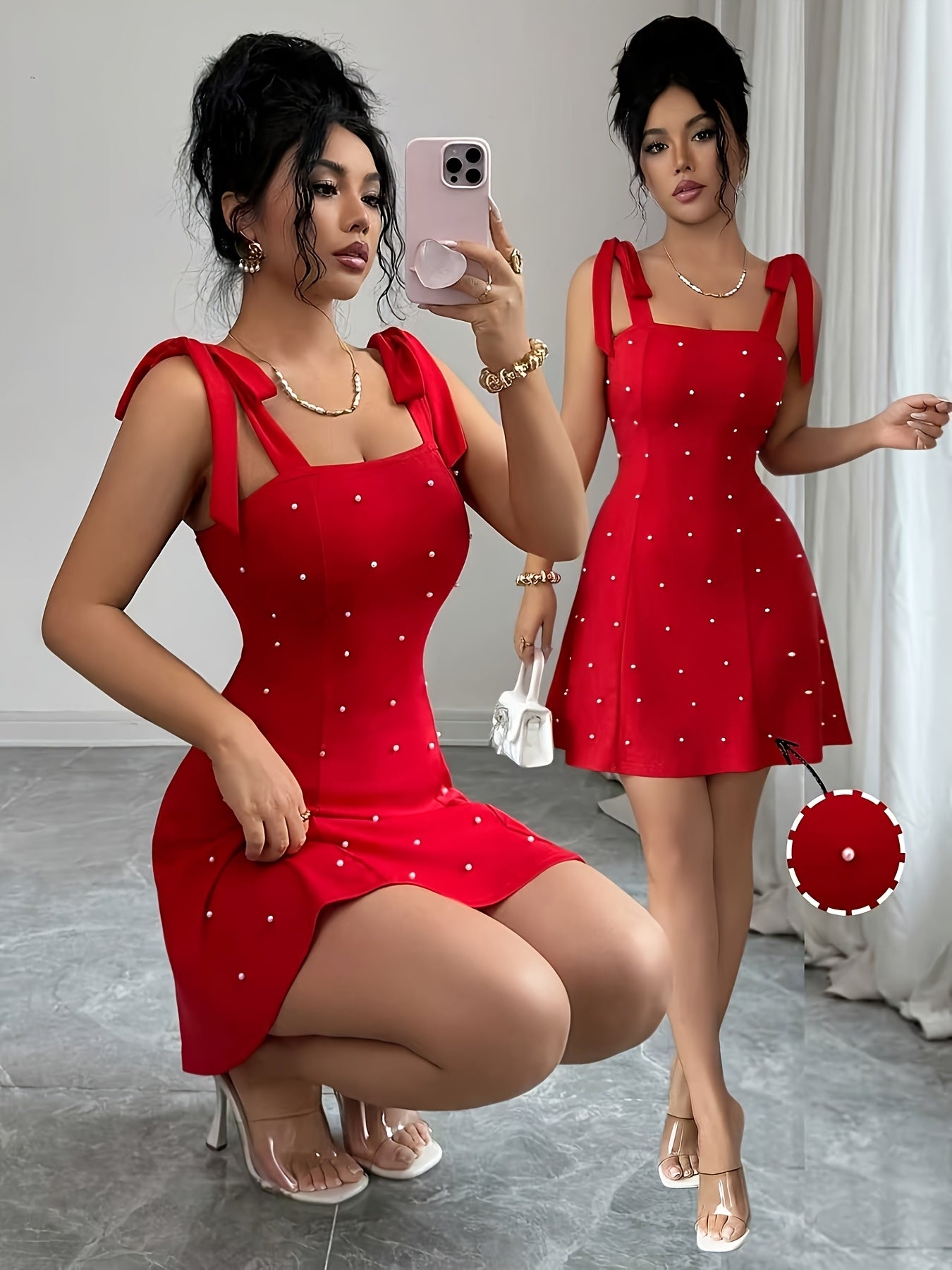 This Summer Fashion And Elegant Solid-color Pearl-decorated Knitted Short A-line Dress Is Suitable For Going Out On A Date