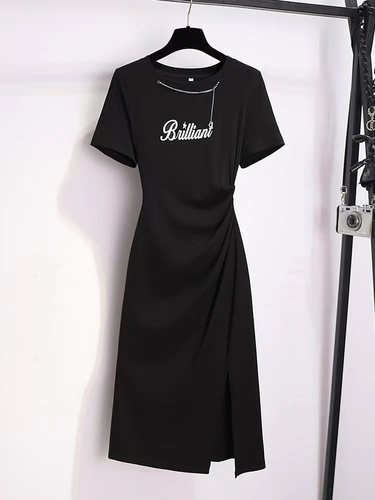 Cut-and-sew Irregularly Slit Casual Black Dress
