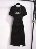 Cut-and-sew Irregularly Slit Casual Black Dress