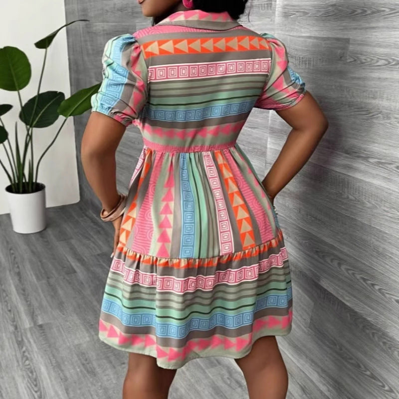 Womens Printed Stand Collar Three-Quarter Sleeve Dress