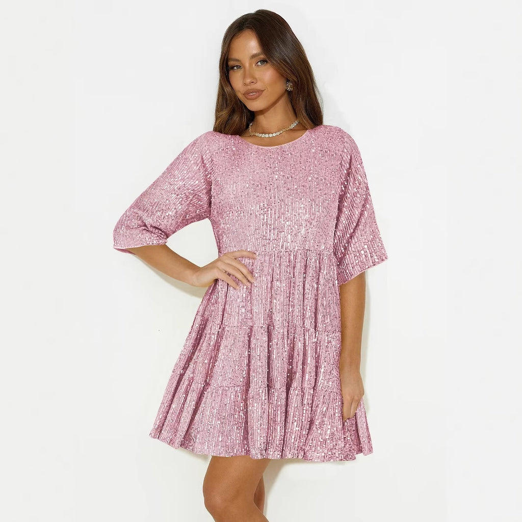 Round-neck Sexy Fashion Sequin A-line Skirt Short Dress